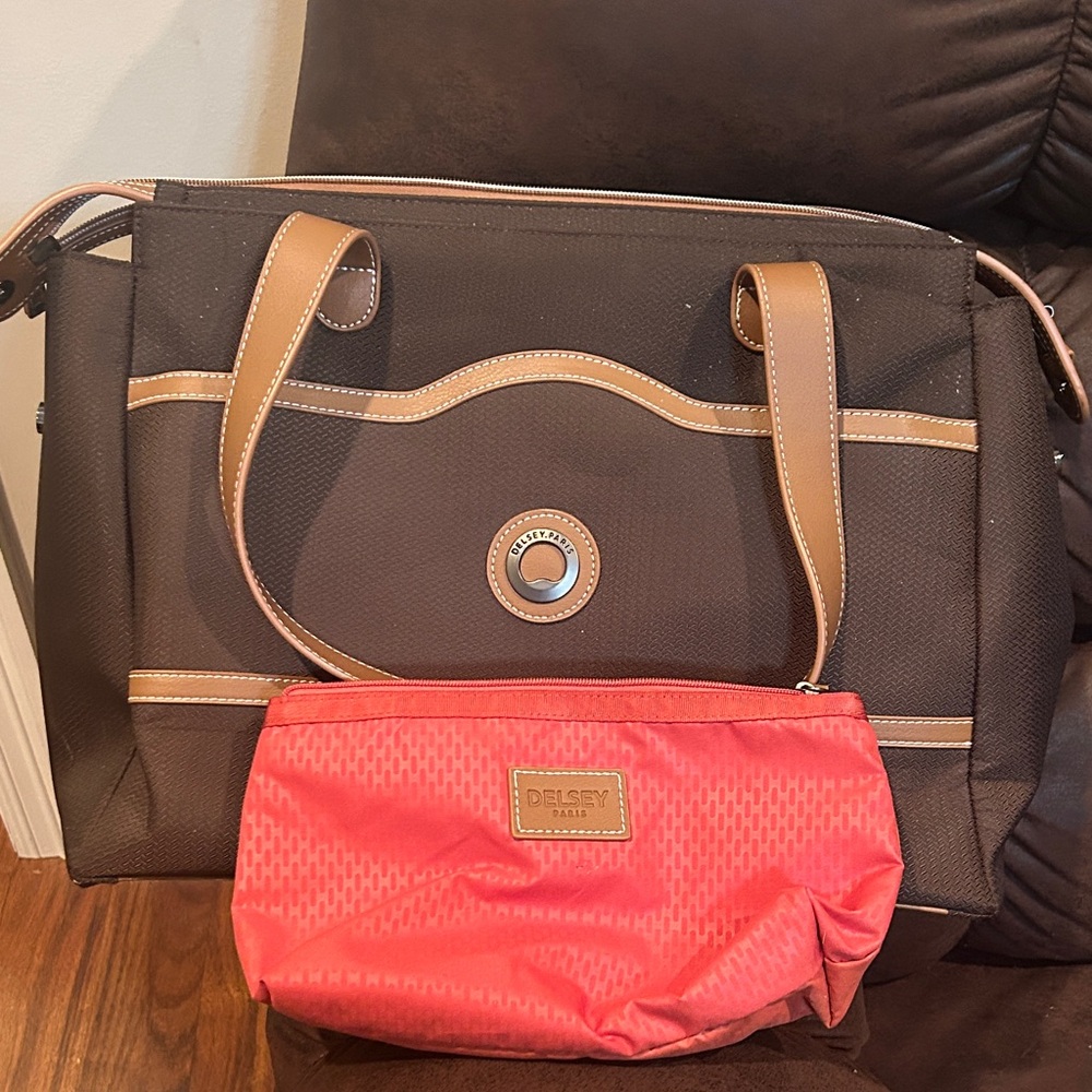 Delsey Brown Tote with Red Pouch